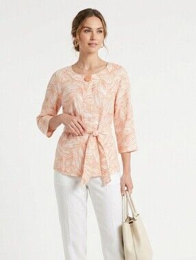 Rafaella Peach Leaf-Print Tie-Waist Top 100%linen